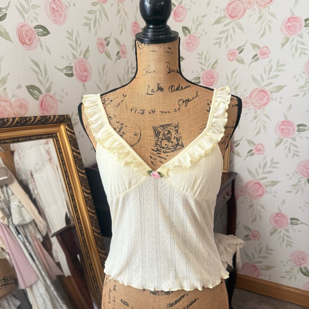 Butter Yellow Ruffle Camisole With Pink Rosette - Picture 2 of 4